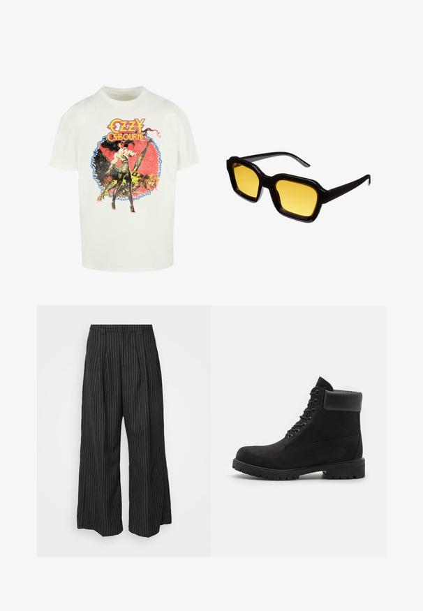 Zwarte leren jack met een gekreukt textuur, ritssluiting en een kraag. Beschikt over lange mouwen en zijzakken.; Witte katoenen t-shirt met een kleurrijke grafische print van een vrouw en een wezen, met de tekst "Ozzy Osbourne" in vetgedrukte, gestileerde letters.; Zwarte gestreepte wijde broek met plooien, met een op maat gemaakt ontwerp en een zachte textuur. Geen zichtbare hardware of accenten.; Zwarte enkellaars met vetersluiting, voorzien van een gevoerde kraag en een robuuste zool, weergegeven in profiel tegen een witte achtergrond.; Zwarte acetaatsunglasses met een robuuste, hoekige uitstraling. Geel getinte rechthoekige lenzen en slanke pootjes. Gemaakt in China.
