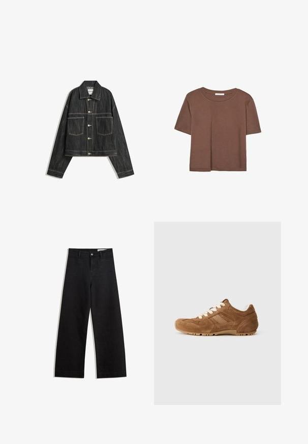 Črna denim jakna s skrajšano zasnovo, dvema sprednjima žepoma in gumbi z zlatim odtenkom. Ima kontrastno belo šivanje vzdolž šivov.; Rjava kratka majica s kratkimi rokavi iz mehkega materiala, s krožnim izrezom in ohlapnim krojem. Brez vidnih vzorcev ali dodatkov.; Črne široke denim hlače z visokim pasom, ki imajo sprednje in zadnje žepe, šivane šive ter gumbasto zapiranje. Gladka tekstura.; Zamshevni rjavi športni copati s kremastimi vezalkami, teksturiranimi stranskimi paneli in gumo podplata z linearami. Oblika zaokroženega prsta in oblazinjeni ovratnik.