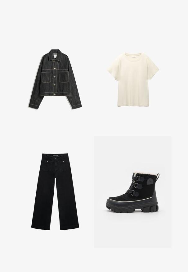 Giacca in denim nera con design cropped, due tasche frontali e bottoni color oro. Presenta cuciture bianche a contrasto lungo le cuciture.; Maglietta a maniche corte beige chiaro con scollatura rotonda, realizzata in un tessuto morbido e liscio. Presenta una vestibilità comoda e un orlo dritto.; Jeans neri a gamba larga con vita alta, dotati di due tasche frontali e dettagli in metallo sui bottoni. Il tessuto ha una texture liscia.; Stivali neri impermeabili con tomaia in suede, fodera in pelliccia sintetica, sistema di lacci con tre occhielli, suola in gomma spessa e bordatura bianca a contrasto.