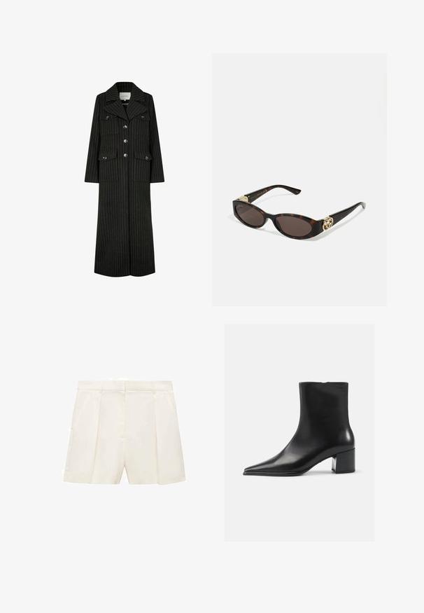 Sort stribet lang frakke med jakkesætskrave, frontknapper og to brystlommer. Har en lige pasform og struktureret design.; Grå strikket cardigan med kabelmønster, rund halsudskæring, knaplukninger og mørke knapper. Lille logo på brystet.; Hvid skjorte med knapper lavet af bomuld, med en brystlomme og lille broderet logo. Løs pasform med klassisk krave og lange ærmer.; Cremefarvede skræddersyede shorts med læg, der har en glat tekstur og en struktureret talje. Frontlommer på hver side.; Sort læder ankelstøvle med spidse tæer, glat tekstur og mellemhøj blokhæl. Minimalistisk design, lynlås lukning bagpå.; Skildpaddemønster solbriller med aflange ovale linser, brun farve, guldlogo accenter på stængerne og slanke sorte arme.