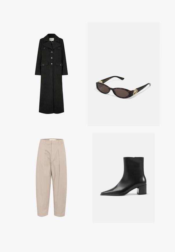 Zwarte pinstripes lange jas met een reverskraag, frontknopen en twee borstzakken. Heeft een rechte snit en een gestructureerd ontwerp.; Grijze gebreide cardigan met een kabelpatroon, voorzien van een ronde halslijn, knoopsluitingen en donkere knopen. Klein logo op de borst.; Witte overhemd met knopen gemaakt van katoen, met een borstzak en een klein geborduurd logo. Ontspannen pasvorm met een klassieke kraag en lange mouwen.; Beige, katoenen broek in een losse pasvorm, met voorplooien, een taillenaad en cropped enkels. Eenvoudig ontwerp, zonder patronen of accenten.; Zwarte leren enkellaars met een spitse neus, een soepele textuur en een middenblokhak. Minimalistisch ontwerp, ritssluiting aan de achterkant.; Schildpadbril met langwerpige ovale lenzen, bruine tint, gouden logo-accenten op de pootjes en slanke zwarte armen.
