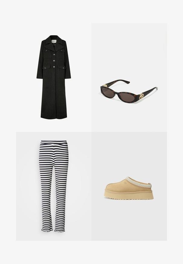 Čierny kabát s prúžkami, dlhý s klopovým golierom, prednými gombíkmi a dvoma náprsními vreckami. Má rovný strih a štruktúrovaný dizajn.; Sivý pletený kardigán s drážkovaným vzorom, s okrúhlym výstrihom, zapínaním na gombíky a tmavými gombíkmi. Malé logo na hrudi.; Biela košeľa s gombíkmi vyrobená z bavlny, ktorá má náprsné vrecko a malé vyšívané logo. Voľný strih s klasickým golierom a dlhými rukávmi.; Prúžkované nohavice s ryhovanou textúrou, ktoré majú námornícko-modrý a biely vzor, rozšírený spodný okraj a elastický pás. Textúra je hladká s priliehavým strihom.; Béžová semišová obuv na slip-on so vypolstrovaným golierom a textúrovaným svetlomodrým akcentom. Obsahuje hrubú, odolnú podrážku so vzorovaným dezénom.; Slnkové okuliare v korytnačkovom dizajne s predĺženými oválnymi šošovkami, hnedým tónovaním, zlatými logovými akcentmi na spánkoch a elegantnými čiernymi ramenami.; Tmavohnedá semišová hobo taška cez rameno so širokým nastaviteľným koženým popruhom a mäkkým, voľne visiacim telom na bielom pozadí.