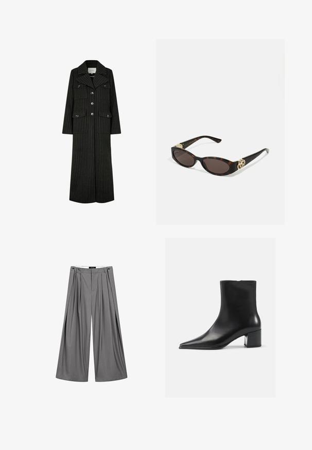 Sort stribet lang frakke med jakkesætskrave, frontknapper og to brystlommer. Har en lige pasform og struktureret design.; Grå strikket cardigan med kabelmønster, rund halsudskæring, knaplukninger og mørke knapper. Lille logo på brystet.; Hvid skjorte med knapper lavet af bomuld, med en brystlomme og lille broderet logo. Løs pasform med klassisk krave og lange ærmer.; Massimo Dutti FLOWING WITH DARTS - Bukser - grey; Sort læder ankelstøvle med spidse tæer, glat tekstur og mellemhøj blokhæl. Minimalistisk design, lynlås lukning bagpå.; Skildpaddemønster solbriller med aflange ovale linser, brun farve, guldlogo accenter på stængerne og slanke sorte arme.