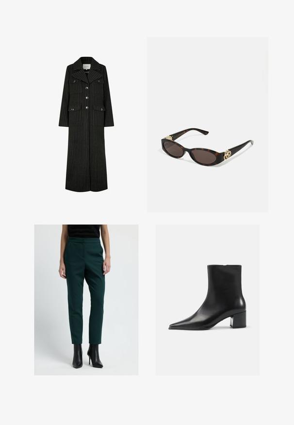 Zwarte pinstripes lange jas met een reverskraag, frontknopen en twee borstzakken. Heeft een rechte snit en een gestructureerd ontwerp.; Grijze gebreide cardigan met een kabelpatroon, voorzien van een ronde halslijn, knoopsluitingen en donkere knopen. Klein logo op de borst.; Witte overhemd met knopen gemaakt van katoen, met een borstzak en een klein geborduurd logo. Ontspannen pasvorm met een klassieke kraag en lange mouwen.; Donkergroene op maat gemaakte broeken met een slim fit, gemaakt van een gladde stof. Heeft een hoge taille en zijzakken, gecombineerd met zwarte haklaarzen.; Zwarte leren enkellaars met een spitse neus, een soepele textuur en een middenblokhak. Minimalistisch ontwerp, ritssluiting aan de achterkant.; Schildpadbril met langwerpige ovale lenzen, bruine tint, gouden logo-accenten op de pootjes en slanke zwarte armen.