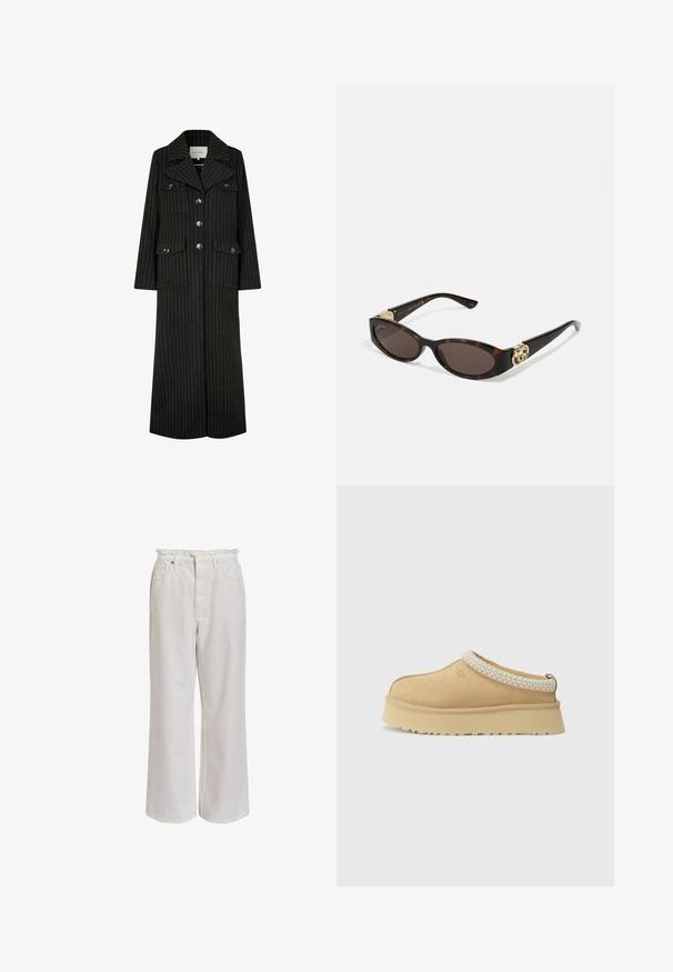 Cappotto lungo a righe nere con colletto a revers, bottoni frontali e due tasche sul petto. Presenta una linea dritta e un design strutturato.; Cardigan grigio lavorato a maglia con motivo a trecce, dotato di scollo rotondo, chiusure a bottoni e bottoni scuri. Piccolo logo sul petto.; Camicia bianca button-up in cotone, con taschino sul petto e piccolo logo ricamato. Vestibilità loose con colletto classico e maniche lunghe.; Pantaloni bianchi a gamba larga con vita arricciata, tasche frontali e una superficie liscia e morbida. Realizzati in cotone leggero.; Scarpa slip-on in suede color sabbia con colletto imbottito e accento in tessuto blu chiaro testurizzato. Presenta una suola spessa e resistente con battistrada decorato.; Occhiali da sole tartarugati con lenti ovali allungate, tonalità marrone, accenti dorati con logo sulle tempie e aste nere eleganti.