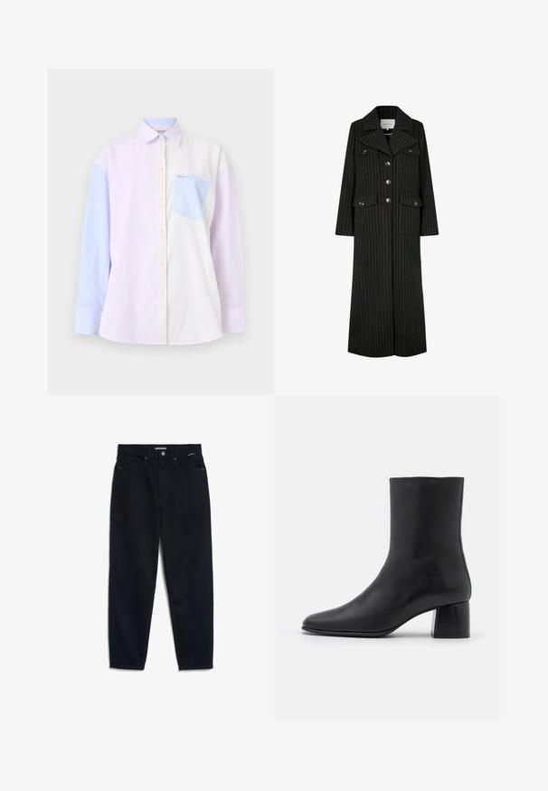 Schwarzer gestreifter langer Mantel mit Reverskragen, vorderem Knopfverschluss und zwei Brusttaschen. Verfügt über einen geraden Schnitt und eine strukturierte Gestaltung.; Grauer Strickcardigan mit Kabelmuster, runder Halslinie, Knopfverschlüssen und dunklen Knöpfen. Kleines Logo auf der Brust.; Gestreiftes Hemd mit helllila, blauen und weißen Farbblöcken. Es hat eine durchgehende Knopfleiste, einen Kragen und eine Brusttasche mit einem blauen Streifen.; Schwarze Denim-Jeans mit geradem Bein, fünf Taschen-Design und Knopfverschluss. Der Stoff hat eine glatte Textur und minimale sichtbare Nähte.; Schwarze Leder-Ankle-Boots mit spitzer Zehenpartie und einem klobigen, quadratischen Absatz. Glatte Textur mit nahtlosem Design und minimalistischem Nähen.