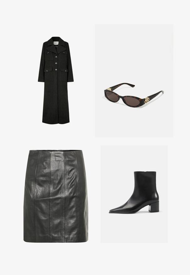 Crni prugasti dugi kaput s rever kragnom, prednjim dugmadi i dva džepa na prsima. Ima ravni kroj i strukturirani dizajn.; Bijela košulja s dugim rukavima od pamuka, s džepom na prsima i malim izvezenim logom. Općeniti kroj s klasičnom kragnom.; Crna kožna suknja s uskim siluetom, koja ima vertikalne šavove za dodatnu teksturu i glatku završnicu.; Crne kožne gležnjače s šiljastim vrhom, glatkom teksturom i srednjom blok petom. Minimalistički dizajn, zatvaranje na patentni zatvarač straga.; Suncane naočale od kornjačevine s izduženim ovalnim lećama, smešnim nijansama, zlatnim logotipom na drškama i elegantnim crnim krakovima.