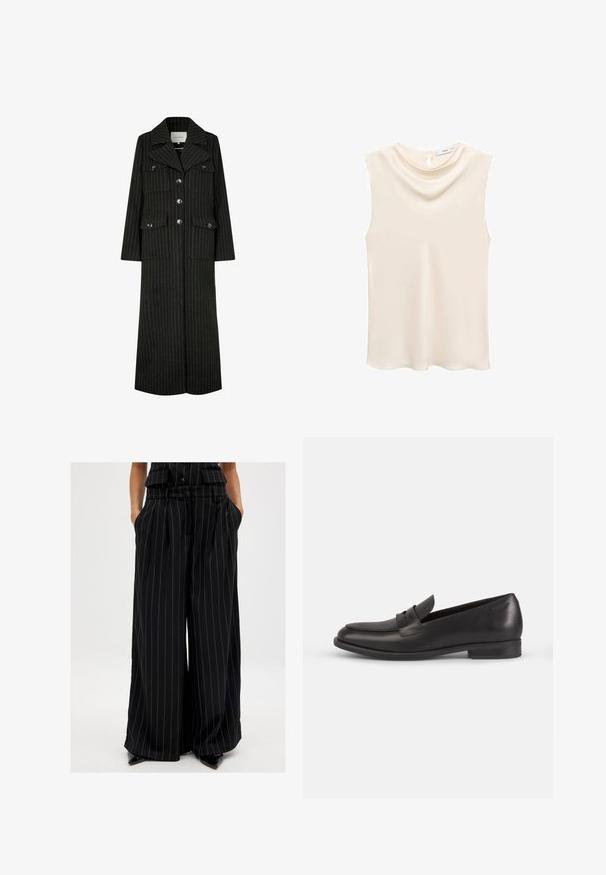 Svart randig lång kappa med fällkrage, framknäppning och två bröstfickor. Har en rak passform och en strukturerad design.; Ärmlös, elfenbensfärgad topp med mjuk, draperad halsringning och en nyckelhålsstängning baktill. Slät tyg med en subtil lyster.; Svarta vida byxor i ett slätt tyg med vertikala ränder. Har en bälte i midjan och sidofickor.; Svarta läderloafers med rund tå, dekorativ sömnad och låg blockklack. Har en slät yta och en minimalistisk design.