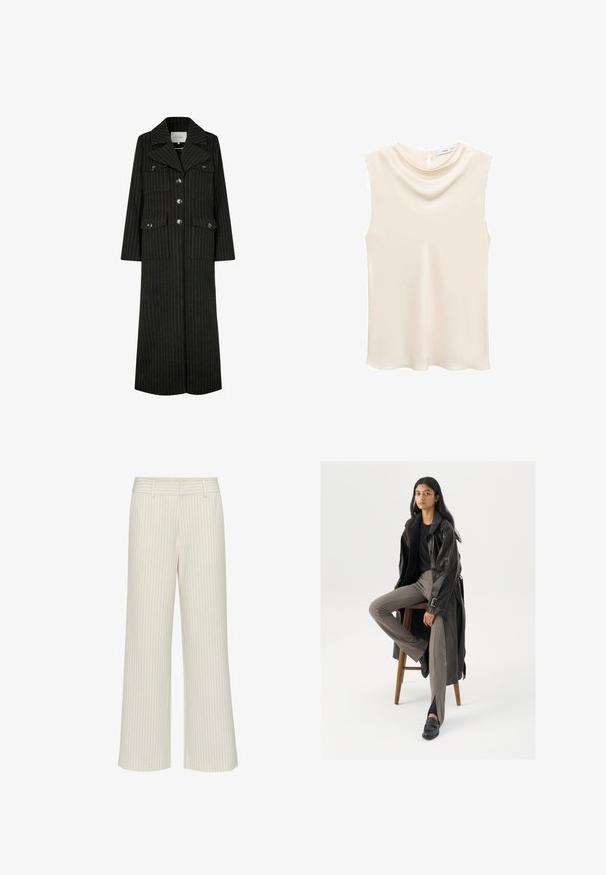 Zwarte pinstripes lange jas met een reverskraag, frontknopen en twee borstzakken. Heeft een rechte snit en een gestructureerd ontwerp.; Mouwloos ivoorkleurig topje met een zachte, gedrapeerde halslijn en een sleutelgatsluiting op de rug. Gladde stof met een subtiele glans.; Wijd uitlopende pantalons van crèmekleurige stof met subtiele verticale strepen, voorzien van een platte tailleband en ceintuurlussen. Gladde textuur zonder zakken.; Zwarte leren trenchcoat met knopen en riemdetails, gecombineerd met lichtbruine getailleerde broek en zwarte loafers, zittend op een houten kruk.