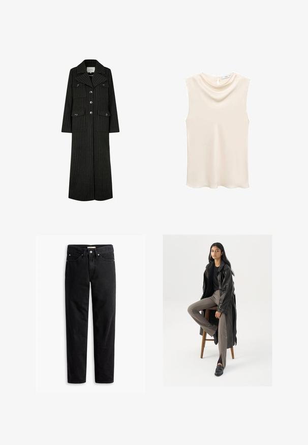 Zwarte pinstripes lange jas met een reverskraag, frontknopen en twee borstzakken. Heeft een rechte snit en een gestructureerd ontwerp.; Mouwloos ivoorkleurig topje met een zachte, gedrapeerde halslijn en een sleutelgatsluiting op de rug. Gladde stof met een subtiele glans.; Zwarte straight-leg jeans met knoop- en ritssluiting, riemlussen en voor- en achterzakken, plat gelegd op een witte achtergrond.; Zwarte leren trenchcoat met knopen en riemdetails, gecombineerd met lichtbruine getailleerde broek en zwarte loafers, zittend op een houten kruk.