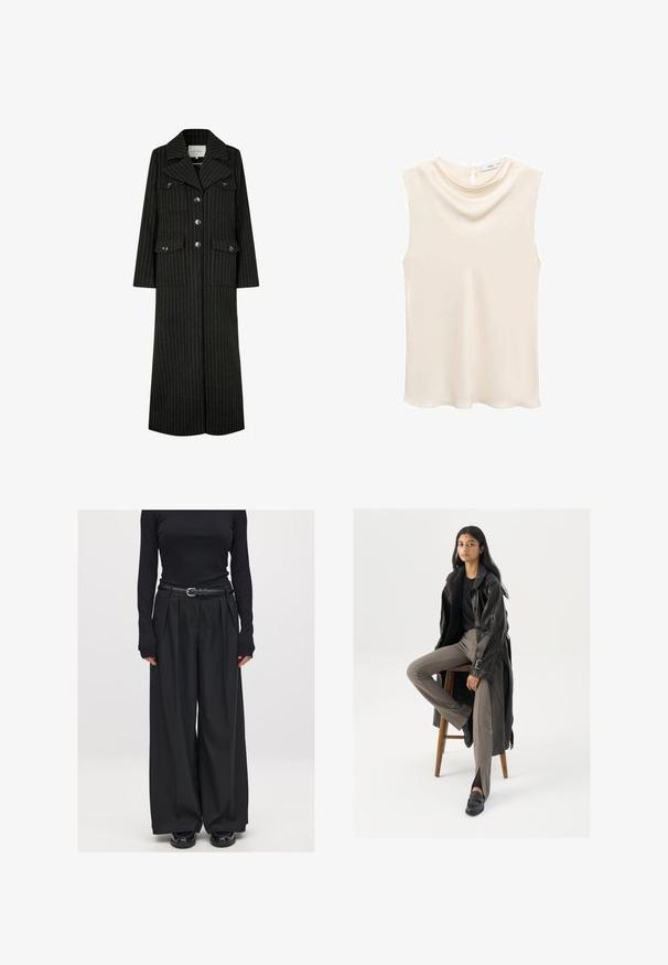 Zwarte pinstripes lange jas met een reverskraag, frontknopen en twee borstzakken. Heeft een rechte snit en een gestructureerd ontwerp.; Mouwloos ivoorkleurig topje met een zachte, gedrapeerde halslijn en een sleutelgatsluiting op de rug. Gladde stof met een subtiele glans.; Zwarte geribbelde longsleeve top gecombineerd met hoge taille, wijde zwarte broek, geaccentueerd met een smalle zwarte riem, afgewerkt met glanzende schoenen.; Zwarte leren trenchcoat met knopen en riemdetails, gecombineerd met lichtbruine getailleerde broek en zwarte loafers, zittend op een houten kruk.