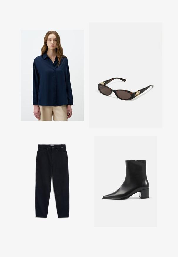 Zwarte pinstripes lange jas met een reverskraag, frontknopen en twee borstzakken. Heeft een rechte snit en een gestructureerd ontwerp.; Marineblauwe button-up shirt met een kraag, lange mouwen en een gladde, glanzende stof. Heeft een relaxte pasvorm en een minimalistisch design.; Zwarte denim jeans met een rechte pijp, vijf zakken en een knoopsluiting. De stof heeft een gladde textuur en minimale zichtbare stiksels.; Zwarte leren enkellaars met een spitse neus, een soepele textuur en een middenblokhak. Minimalistisch ontwerp, ritssluiting aan de achterkant.; Schildpadbril met langwerpige ovale lenzen, bruine tint, gouden logo-accenten op de pootjes en slanke zwarte armen.