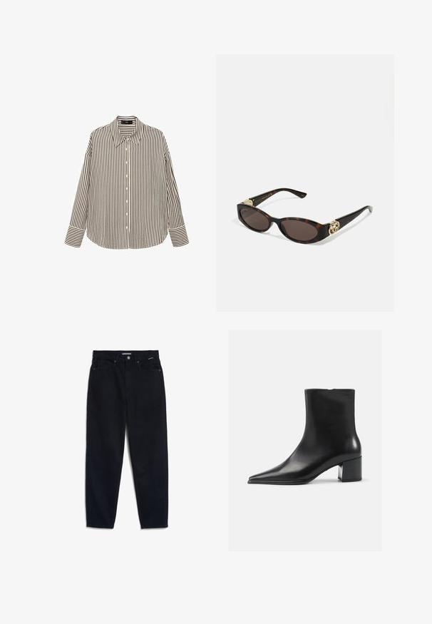 Black pinstriped long coat with a lapel collar, front buttons, and two chest pockets. Features a straight cut and structured design.; Striped button-up shirt in cream and black, featuring a collar, long sleeves, and a relaxed fit with a straight hemline.; Black denim jeans with a straight leg, five-pocket design, and a button closure. Fabric has a smooth texture and minimal visible stitching.; Black leather ankle boot with a pointed toe, smooth texture, and a mid-block heel. Minimalist design, zipper closure at the back.; Tortoiseshell sunglasses with elongated oval lenses, brown tint, gold logo accents on temples, and sleek black arms.