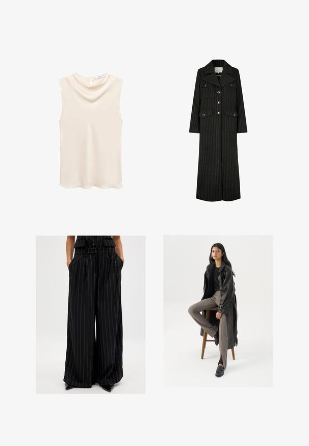 Sort stribet lang frakke med jakkesætskrave, frontknapper og to brystlommer. Har en lige pasform og struktureret design.; Sleevless, elfenbenfarvet top med en blød, draperet udskæring og en nøglehulslukning bagpå. Glat stof med en subtil glans.; Sorte bukser med bred benvidde lavet af et glat materiale med lodrette striber. Har en bæltestrop i taljen og sidelommer.; Sort læder trench coat med knapper og bælte detalje, parret med lysebrune tætsiddende bukser og sorte loafers, siddende på en træstol.
