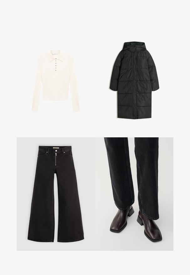 Mustapuffatakki hupulla, jossa on pitkä siluetti, tikattu muotoilu ja napinansa suljettuna, valmistettu sileästä ja kiiltävästä materiaalista.; Pitkähihainen kerma väri polo-paita pehmeästä kankaasta, jossa on klassinen kaulus ja seitsemän pientä hopeanväristä nappia edessä.; Mustat leveälahkeiset farkut, joissa on vetoketjufrunti, viisi-taskuinen muotoilu ja hienovaraiset ompelusyyt. Sileä pinta ja rento tyyli.; Ruske nahke čevlje do gležnjev s kvadratnim nosom in blok peto, v kombinaciji s črnimi širokimi hlačami. Gladka tekstura in minimalističen dizajn.