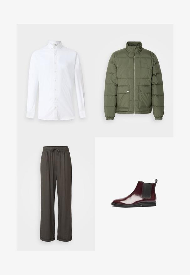 Green puffer jacket with a high collar, quilted design, two front pockets, and silver hardware. Features elasticated cuffs and hem.; White long-sleeve button-up shirt made of cotton, featuring a classic collar, straight cut, and a smooth texture with matching buttons.; Dark gray wide-leg pants with a drawstring waist, made of a soft, textured fabric, featuring rolled cuffs at the ankles.; Burgundy leather Chelsea boot with elastic side panels, a smooth finish, rounded toe, pull tab, and rubber sole for traction.