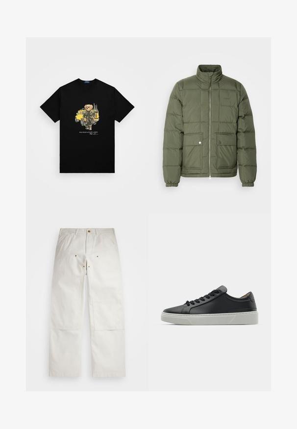 Green puffer jacket with a high collar, quilted design, two front pockets, and silver hardware. Features elasticated cuffs and hem.; Polo Ralph Lauren Big & Tall POLO BEAR JERSEY T-SHIRT - Print T-shirt - black; White cotton pants with a relaxed fit, featuring front pockets, gold hardware accents, and knee patch detailing.; Black leather sneaker with a smooth texture, round toe, and black laces. Features a thick, white rubber sole with subtle geometric accents.