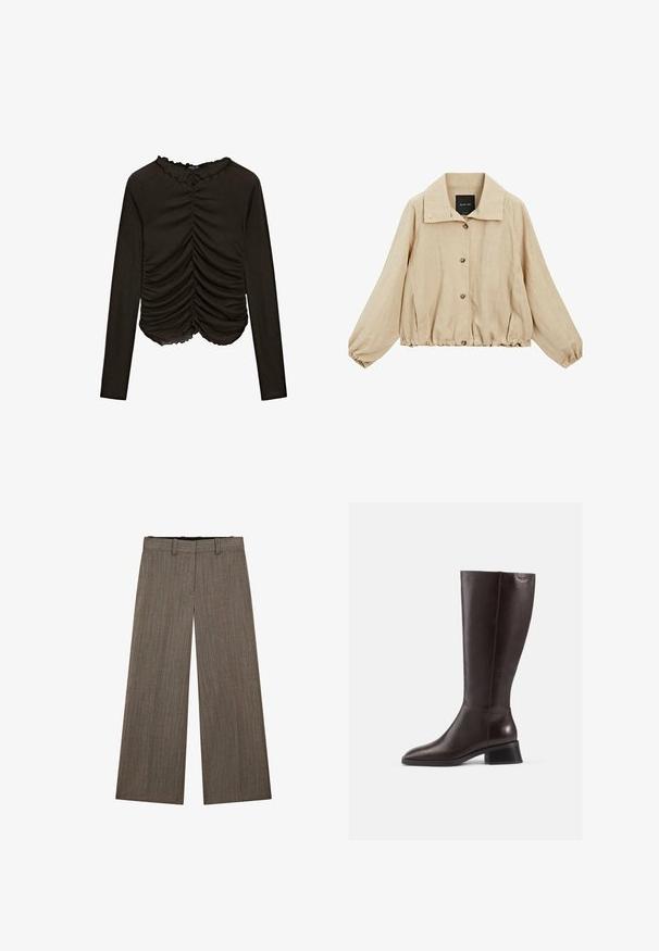 Beige lightweight jacket with a collared neckline, front button closure, elastic cuffed sleeves, and an elastic hem. Smooth fabric texture.; Black long-sleeve top with gathered detailing at the front and scalloped neckline. Made from a soft, stretchy fabric.; Wide-leg trousers in a brown plaid pattern, featuring a smooth texture and a flat waistband. Tailored cut with no visible fasteners.; Knee-high brown leather boots with a smooth finish, rounded toe, and a stacked black heel. Simple design with minimal hardware details.