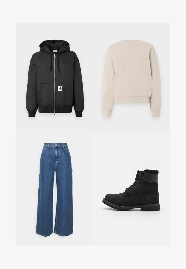 Jachetă neagră cu glugă, cu fermoar frontal, manșete și tiv ribbate și un patch pătrat cu logo în partea inferioară din față. Fabricată dintr-un material ușor și neted.; Sweatshirt bej, cu guler rotund, realizat dintr-un amestec de bumbac, cu un guler și manșete ribbate, având un logo mic pe piept.; Pantaloni din denim albastru cu talie înaltă și picioare largi, cu o cusătură contrastantă și buzunare laterale, având un design clasic cu cinci buzunare și margini brut.; Botine negre din piele cu vârful rotund, legate cu șireturi în față, guler din blană artificială și talpă din cauciuc. Prezintă un logo de marcă pe lateral.