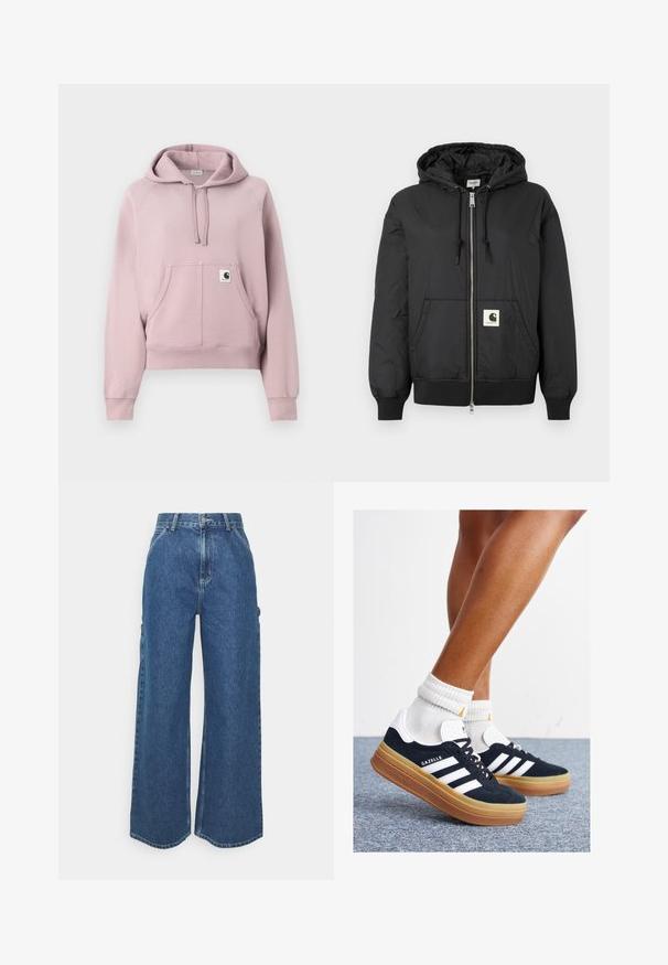 Čierna kapucňa s predným zipsom, rebrovanými manžetami a lemom, a štvorcovou logo nášivkou na dolnej časti prednej strany. Vyrobené z ľahkej, hladkej tkaniny.; Svetloružová mikina z jemného bavlneného zmesi, so širokou prednou kapsou, s kapucňou na šnúrku a rebrovanými manžetami. Jednoduchý dizajn s logom.; Dlhé modré džínsy so širokými nohavicami a vysokým pásom, s kontrastným prešívaním a bočnými vreckami, s klasickým dizajnom piatich vreciek a surovými lemami.; Čierne semišové tenisky s bielymi pruhmi a detailmi, so zaoblenou špičkou, podrážkou z gumovej gumy, doplnené bielymi rebrovanými ponožkami.