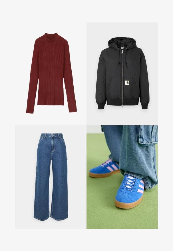 Crna jakna s kapuljačom, sa patentnim zatvaračem sprijeda, rebrastim manžetama i donjim rubom, te kvadratnom oznakom na donjem prednjem dijelu. Izrađena od laganog, glatkog materijala.; Rebrasti, bordo džemper s visokim ovratnikom, dugim rukavima i prilagođenim krojem. Mekana tekstura, minimalistički dizajn i bez vidljivih detalja.; Široke plave traperice s visokim strukom, kontrastnim šavovima i bočnim džepovima, s klasičnim dizajnom s pet džepova i sirovim rubovima.; Plave zamšne cipele s ružičastim prugama i bijelim vezicama, s gumenim potplatom, u kombinaciji s širokim trapericama na zelenoj podlozi.