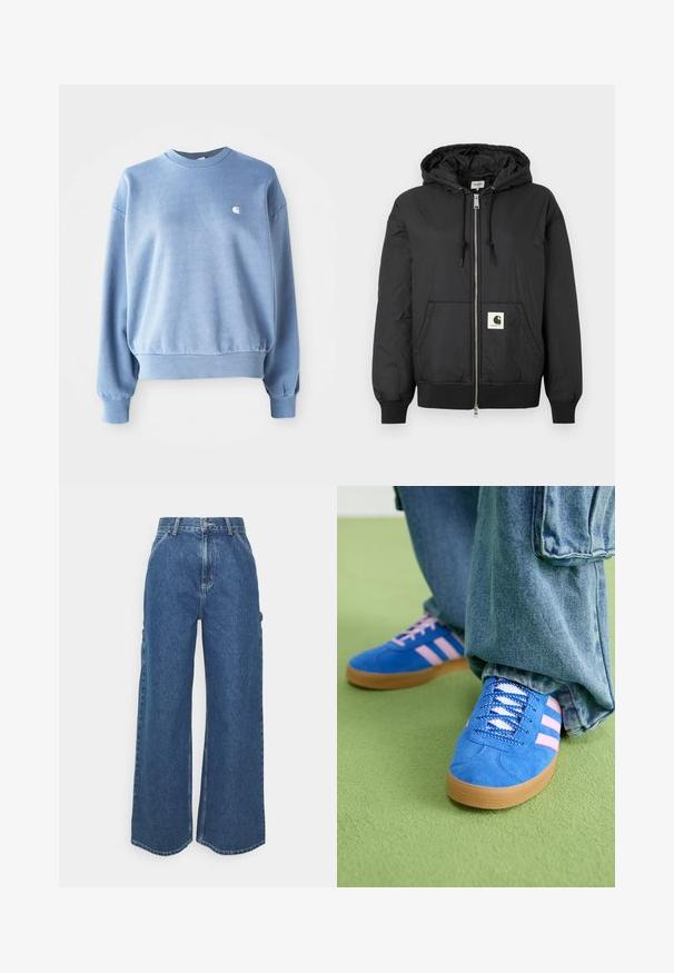Giacca nera con cappuccio, dotata di zip frontale, polsini e orlo a coste, e una patch logo quadrata nella parte bassa anteriore. Realizzata in tessuto leggero e liscio.; Felpa azzurra a girocollo realizzata in tessuto morbido, con polsini e orlo a costine, e un piccolo logo bianco sul petto.; Pantaloni in denim blu a gamba larga con vita alta, cuciture a contrasto e tasche laterali, caratterizzati da un classico design a cinque tasche e orli grezzi.; Scarpe scamosciate blu con strisce rosa e lacci bianchi, dotate di una suola in gomma, abbinate a pantaloni di denim larghi su una superficie verde.