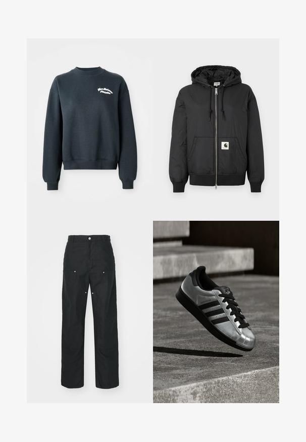 Black hooded jacket with a zip front, ribbed cuffs and hem, and a square logo patch on the lower front. Made from lightweight, smooth fabric.; Dark gray sweatshirt with long sleeves and a round neck. Features white "New Balance Athletics" embroidery on the chest. Soft texture.; Black trousers with a straight-leg design, made of a textured fabric. Features decorative silver hardware and unique seam detailing.; Silver sneaker with a black rubber sole, black laces, and three black stripes. Features a metallic finish and classic shell toe design.