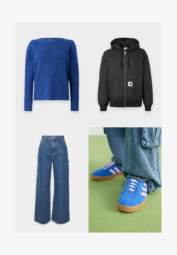 Jachetă neagră cu glugă, cu fermoar frontal, manșete și tiv ribbate și un patch pătrat cu logo în partea inferioară din față. Fabricată dintr-un material ușor și neted.; Pulover tricotat albastru cu guler rotund, mâneci lungi și o textură moale. Prezintă o croială ușor lejeră și manșete ribelate la mâneci.; Pantaloni din denim albastru cu talie înaltă și picioare largi, cu o cusătură contrastantă și buzunare laterale, având un design clasic cu cinci buzunare și margini brut.; Pantofi din piele întoarsă albaștri cu dungi roz și șireturi albe, având o talpă din cauciuc gumat, asortați cu pantaloni din denim largi pe o suprafață verde.