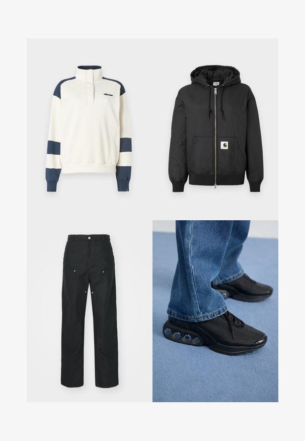 Black hooded jacket with a zip front, ribbed cuffs and hem, and a square logo patch on the lower front. Made from lightweight, smooth fabric.; Half-zip fleece sweatshirt in light cream with navy blue sleeves and stripes. Soft texture, casual design, featuring an embroidered logo.; Black trousers with a straight-leg design, made of a textured fabric. Features decorative silver hardware and unique seam detailing.; Black athletic sneakers with mesh upper, textured accents, and visible air cushioning pods in the sole. Worn with blue denim jeans.