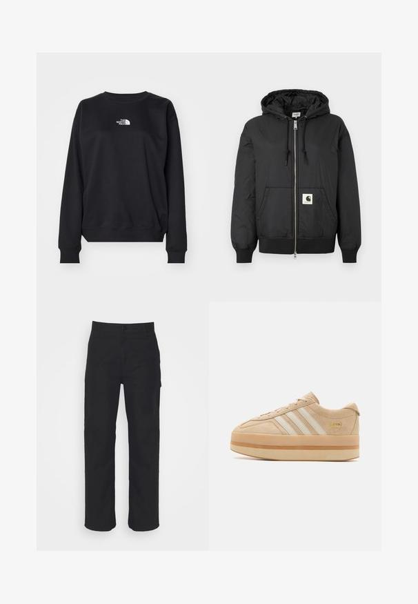 Jachetă neagră cu glugă, cu fermoar frontal, manșete și tiv ribbate și un patch pătrat cu logo în partea inferioară din față. Fabricată dintr-un material ușor și neted.; Hanorac negru realizat dintr-un amestec de bumbac, cu guler rotund, mâneci lungi, tivuri ribbate și un mic logo alb pe piept.; Pantaloni negri din bumbac cu croi drept, închidere cu nasture și bucle pentru centură. Prezintă un design clasic fără buzunare vizibile.; Sneakers din suede bej cu platformă, cu trei dungi albe, vârf rotund și talpă din cauciuc bej, având un accent de logo auriu pe lateral.