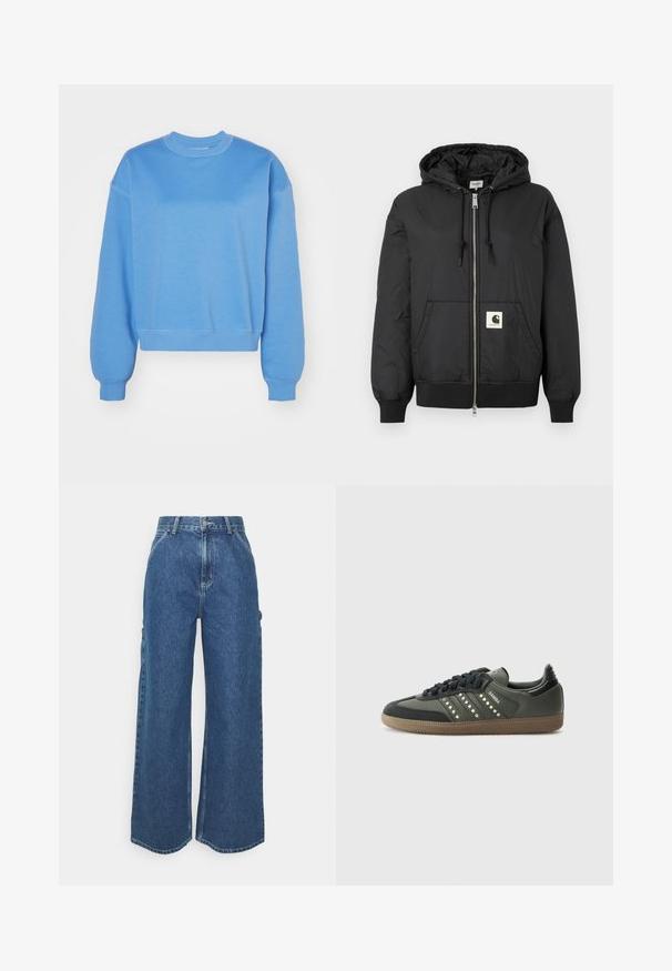 Zwarte hoodiejack met een ritssluiting aan de voorkant, ribbels aan de manchetten en onderrand, en een vierkant logo-patch op de onderzijde van de voorkant. Gemaakt van lichte, gladde stof.; Weekday ESSENCE STANDARD - Sweater - blue medium; Brede blauwe denim broeken met een hoge taille, contrasterende stiksels en zijzakken, uitgerust met een klassieke vijf-pocket stijl en ongewerkte naden.; adidas Originals SAMBA OG - Sneakers laag - core black/legend earth/gum