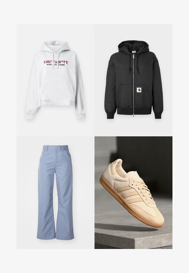Giacca nera con cappuccio, dotata di zip frontale, polsini e orlo a coste, e una patch logo quadrata nella parte bassa anteriore. Realizzata in tessuto leggero e liscio.; Felpa grigia in tessuto felpato, con tasca a marsupio, cappuccio con cordino e logo "carhartt" ricamato in rosa con la scritta "WORK IN PROGRESS".; Pantaloni larghi azzurri in tessuto morbido di misto cotone, con tasche frontali e chiusura con bottone in vita.; Sneaker in suede beige chiaro con suola in gomma, tre strisce diagonali e punta con texture. Presenta il logo sulla linguetta e sul lato.