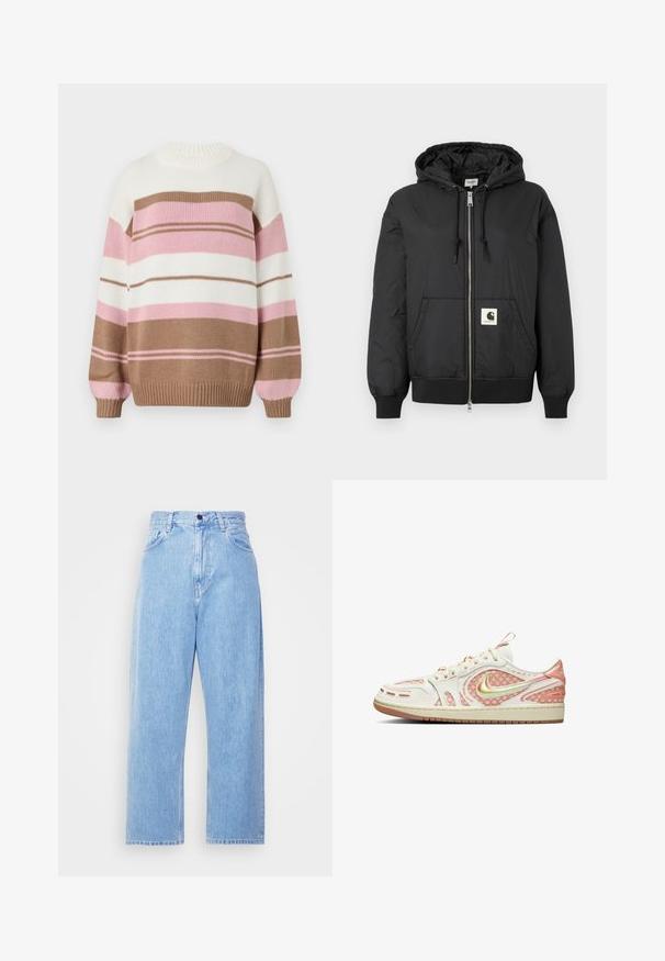 Musta hupullinen takki, jossa on vetskari edessä, ribbireunukset hihansuissa ja helmassa sekä neliölogo-ompelu alaosassa. Valmistettu kevyestä, sileästä kankaasta.; Neulepusero, jossa on pyöreä kaula-aukko, ja se on varustettu vaakasuorilla raitoilla vaaleassa beessissä, valkoisessa, vaaleanpunaisessa ja vaaleanpunaisemmassa. Sisältää ribbineulotut hihansuut ja helman.; Vaaleansiniset farkut, joissa on leveät lahkeet ja korkea vyötärö, viisi taskua ja nappikiinnitys. Klassinen farkkukangas, jossa on haalistunut pinta.; Nike lenkkarit, joissa on valkoinen nahkapäällinen, vaaleanpunaisia verkkoyksityiskohtia ja heijastava swoosh. Varustettu tekstuuripohjalla ja monimutkaisilla muotoiluelementeillä.