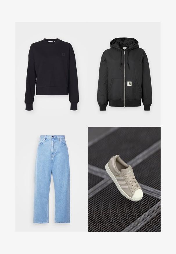 Svart huva jacka med zip-förfront, ribbade ärmar och nederkant, samt en fyrkantig logotyp på den nedre framsidan. Tillverkad av lätt, slät tyg.; Svart kortärmad sweatshirt med långa ärmar, rundad hals och ribbad mudd. Har en liten svart logotyp-patch på vänster bröst. Mjuk textur.; Ljusblå denim vida jeans med hög midja, fem fickor och knäppning. Klassisk blåjeanstextur med en blekt finish.; Beige Adidas Superstar sk sneaker med texturerad läderöverdel, tre sidostripes, rund tåhuvud och logotyp på tungan och hälen.