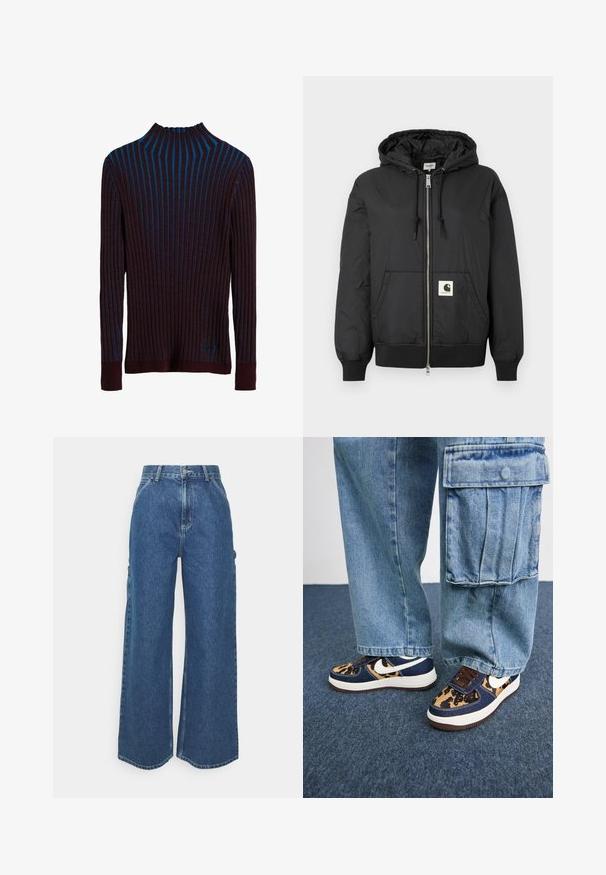 Must mustaga, millel on ees lukk, soonikkoesde ja alumise ääre soonik, ning ruudukujuline logo plaastriga alumises ees. Valmistatud kergest, siledast kangast.; Tume lilla soonik, millel on sinised vertikaalsed triibud, kõrge kaelus ja kitsad varrukad. Pehme tekstuur kerge läikega.; Laiene jalad sinised denim püksid kõrge vöökohaga, kontrastsete õmblustega ja küljetaskutega, klassikalise viie taskuga disainiga ja toore servaga.; Tumed sinised tennised leopardimustriga aktsentide, valge Nike logoga, pruunide paelte ja valge vaheosaga. Kombineeritud heledate denimpükstega.