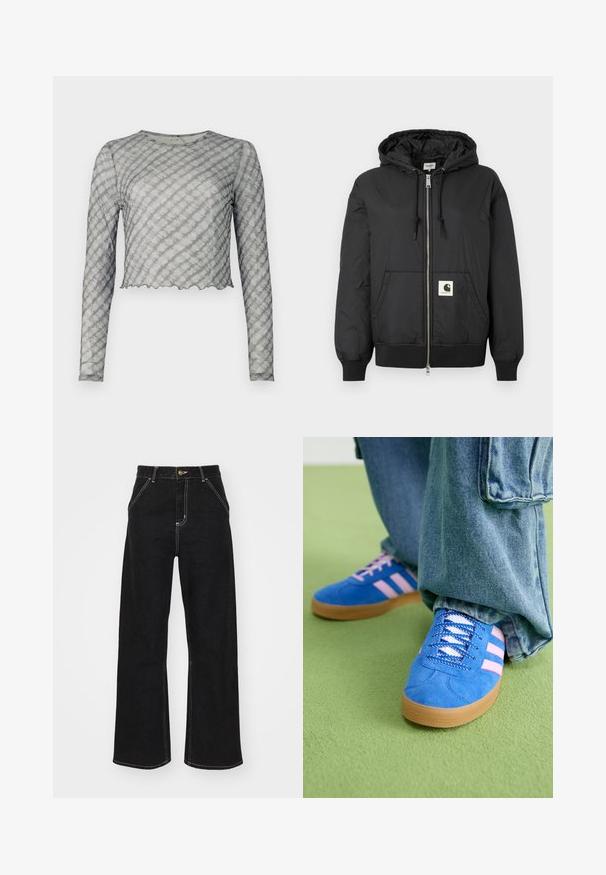 Jachetă neagră cu glugă, cu fermoar frontal, manșete și tiv ribbate și un patch pătrat cu logo în partea inferioară din față. Fabricată dintr-un material ușor și neted.; Top scurt cu mânecă lungă, dintr-un material transparent de culoare gri, cu dungi diagonale deschise. Are un guler rotund și o margine ondulată. Textură moale, formă ajustată.; Jeans negri, cu pantaloni evazați, din denim, caracterizându-se prin cusături albe contrastante și închidere cu un nasture în față, având două buzunare frontale înclinate.; Pantofi din piele întoarsă albaștri cu dungi roz și șireturi albe, având o talpă din cauciuc gumat, asortați cu pantaloni din denim largi pe o suprafață verde.