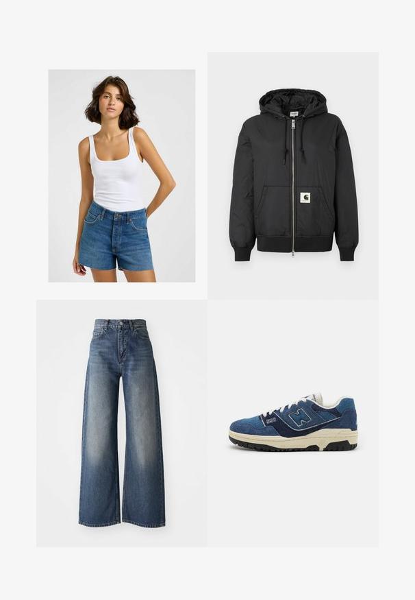 Black hooded jacket with a zip front, ribbed cuffs and hem, and a square logo patch on the lower front. Made from lightweight, smooth fabric.; White ribbed tank top with square neckline, paired with high-waisted blue denim shorts featuring frayed hem and traditional five-pocket design.; Blue high-waisted wide-leg jeans with front button and pockets, faded texture on thighs and a straight hem.; Blue suede sneaker featuring contrasting navy panels, white laces, and a textured black rubber sole. Model number "550" displayed on the side.