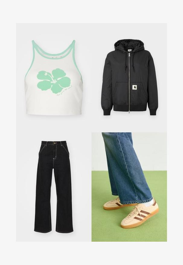 Black hooded jacket with a zip front, ribbed cuffs and hem, and a square logo patch on the lower front. Made from lightweight, smooth fabric.; White crop top with mint green trim and a large mint green hibiscus flower graphic on the front, featuring a handwritten text detail below.; Black wide-leg jeans made of denim, featuring contrasting white stitching and a front button closure, with two angled front pockets.; Beige sneakers with textured cream panels and brown stripes, paired with blue denim jeans. The jeans have a wide leg and frayed hem.