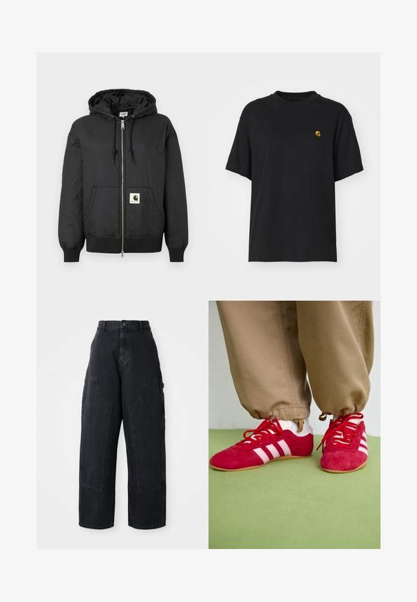 Melns kapuci jaka ar rāvējslēdzēju priekšpuses, ribotām piedurknēm un apakšējo daļu, kā arī kvadrātveida logo uzlīmi apakšējā priekšpusē. Izgatavota no viegla, gluda auduma.; Melnas kokvilnas T-krekls ar brīvu piegriezumu. Iezīmē apaļu kakla un īsām piedurknēm. Iekļauts neliels zelta izšūts logo krūšu daļā.; Melni denim platā kāju kravātie bikses ar augstu jostas vietu, diviem lieliem priekšējiem kabatām un pogas aizdari jostas vietā. Gluda auduma struktūra, ikdienas dizains.; Sarkani zamšas sporta apavi ar baltiem svītrām, plakana gumijas zole un sarkanas šņores. Uzvilkti ar bežām biksēm, novietoti uz zaļas virsmas.