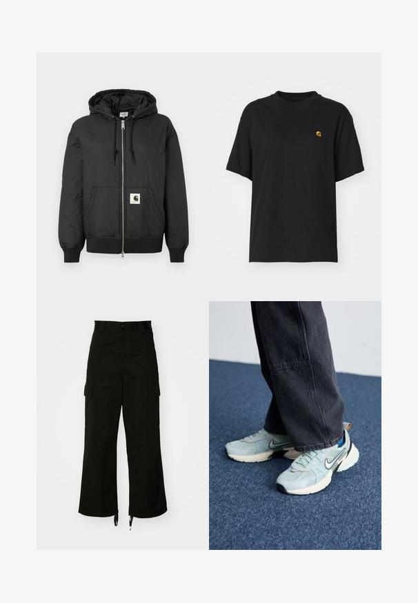 Musta hupullinen takki, jossa on vetskari edessä, ribbireunukset hihansuissa ja helmassa sekä neliölogo-ompelu alaosassa. Valmistettu kevyestä, sileästä kankaasta.; Musta puuvillapaita rentolla leikkauksella. Korostaa pyöreää kaula-aukkoa ja lyhyitä hihoja. Sisältää pienen kultavärisen brodeeratun logon rinnassa.; Mustat cargo-housut, jotka on valmistettu puuvillasta. Niissä on leveät lahkeet, sivutaskut ja nyörikujat lahkeissa. Mallissa on nappikiinnitys vyötäröllä.; Vaaleansiniset verkkomaiset Nike-tennarit, joissa on teksturoitu pinta, musta swoosh ja kerma värinen välikenkä, yhdistettynä tummanharmaisiin leveisiin housuihin.