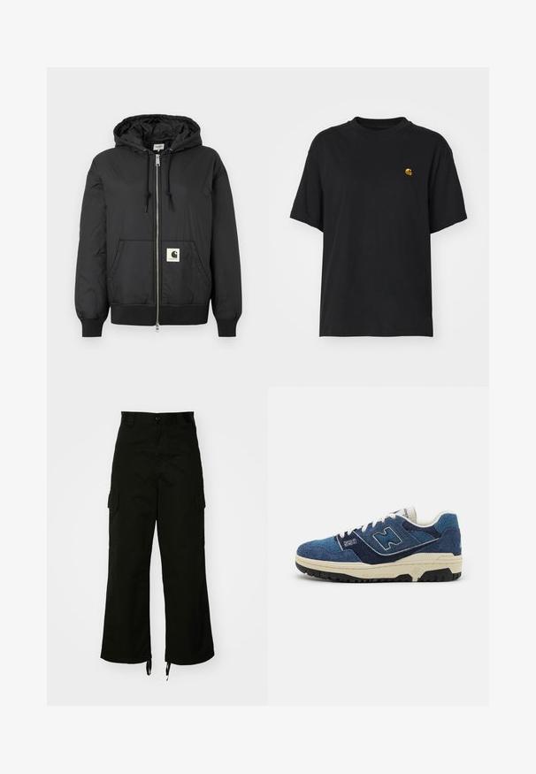 Black hooded jacket with a zip front, ribbed cuffs and hem, and a square logo patch on the lower front. Made from lightweight, smooth fabric.; Black cotton t-shirt with a relaxed fit. Features a round neck and short sleeves. Includes a small gold embroidered logo on the chest.; Black cargo pants made from cotton, featuring wide legs, side pockets, and drawstring hems. The design includes a button closure at the waist.; Blue suede sneaker featuring contrasting navy panels, white laces, and a textured black rubber sole. Model number "550" displayed on the side.