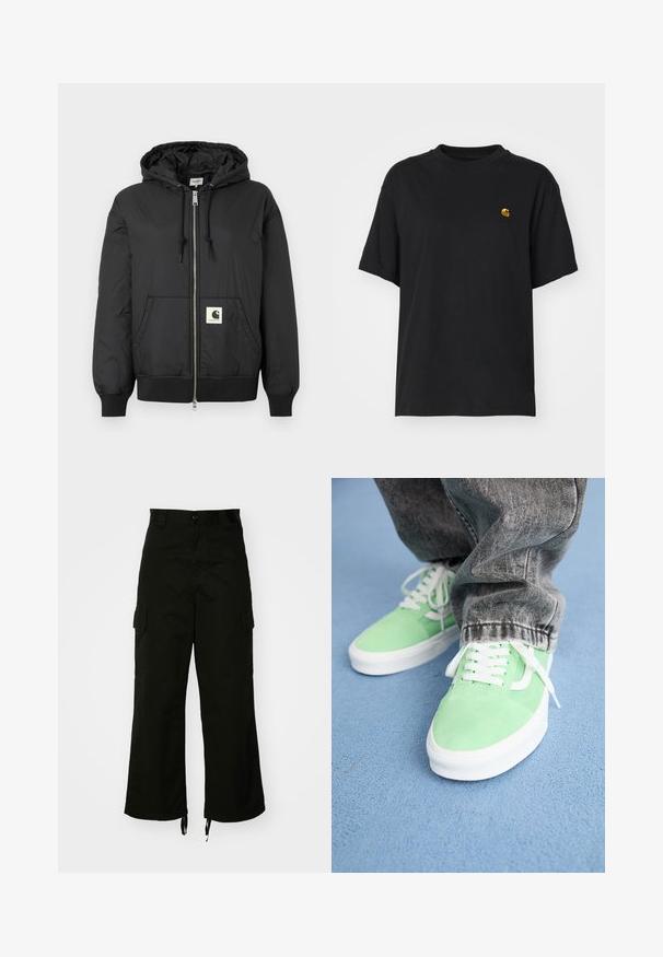 Fekete, kapucnis dzseki, elöl cipzárral, bordázott mandzsettákkal és hempergő aljjal, az alsó elején egy négyzet alakú logóval. Könnyű, sima anyagból készült.; Fekete pamut póló laza szabással. Kerek nyakkal és rövid ujjakkal rendelkezik. A mellkason egy kis arany hímzett logó található.; Fekete cargo nadrág, pamutból készült, széles lábakkal, oldalsó zsebekkel és húzózsinóros szegélyekkel. A dizájn része egy gombos zárás a deréknál.; Egy személy világoszöld és fehér színű cipőt visel fehér fűzőkkel, és megfakult fekete farmernadrágban áll egy kék textúrájú padlón.