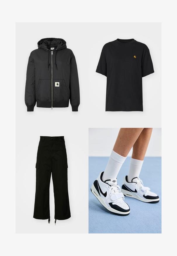 Jachetă neagră cu glugă, cu fermoar frontal, manșete și tiv ribbate și un patch pătrat cu logo în partea inferioară din față. Fabricată dintr-un material ușor și neted.; Tricou din bumbac negru, cu o croială lejeră. Are guler rotund și mâneci scurte. Include un mic logo brodat auriu pe piept.; Pantaloni cargo negri din bumbac, cu picioare late, buzunare laterale și tivuri cu șnur. Designul include o închidere cu nasture la talie.; Adidași albi Nike cu accente negre, având un vârf texturat, perforații, închidere cu șireturi și detalii cu curea. Purtați cu șosete albe.