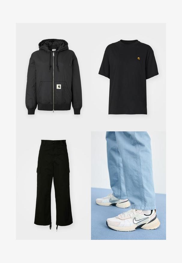 Czarna kurtka z kapturem, zapinana na zamek błyskawiczny, z prążkowanymi mankietami i dolnym hemem oraz kwadratową naszywką z logo z przodu na dole. Wykonana z lekkiego, gładkiego materiału.; Czarna bawełniana koszulka z luźnym krojem. Posiada okrągły dekolt oraz krótkie rękawy. Zawiera małe złote haftowane logo na piersi.; Czarne spodnie cargo z bawełny, o szerokich nogawkach, z kieszeniami po bokach i z regulowanym wykończeniem. Projekt zawiera zapięcie na guzik w talii.; Białe i jasnoróżowe buty do biegania z czarnymi akcentami, teksturowana tkanina i grube podeszwy; zestawione z jasnoniebieskimi spodniami dżinsowymi.