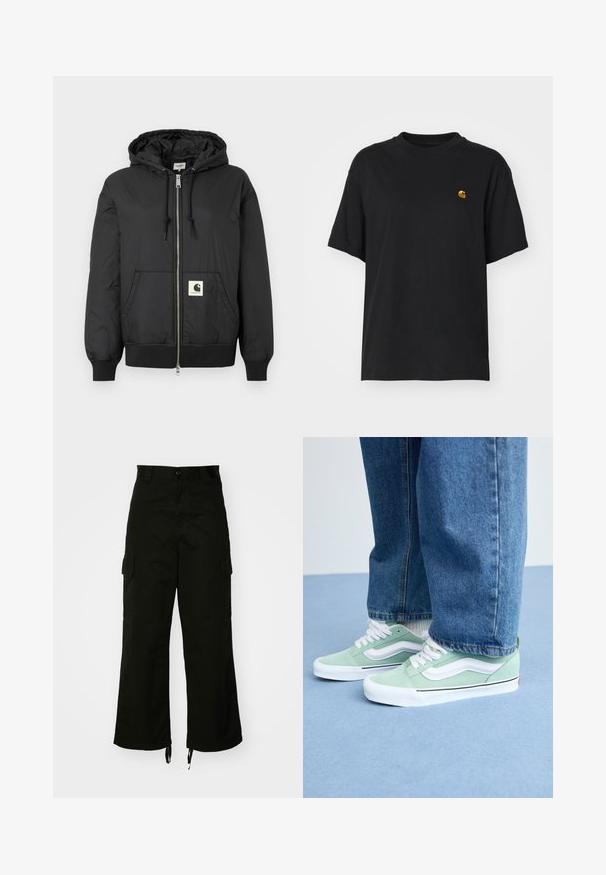 Black hooded jacket with a zip front, ribbed cuffs and hem, and a square logo patch on the lower front. Made from lightweight, smooth fabric.; Black cotton t-shirt with a relaxed fit. Features a round neck and short sleeves. Includes a small gold embroidered logo on the chest.; Black cargo pants made from cotton, featuring wide legs, side pockets, and drawstring hems. The design includes a button closure at the waist.; Person wearing light green and white sneakers with white laces and blue jeans standing on a light blue floor.