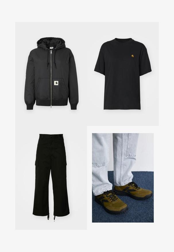 Schwarze Kapuzenjacke mit Reißverschluss, gerippten Bündchen und Saum sowie einem quadratischen Logo-Patch auf der unteren Vorderseite. Hergestellt aus leichtem, glattem Material.; Schwarzes Baumwoll-T-Shirt mit lockerer Passform. Hat einen Rundhalsausschnitt und kurze Ärmel. Enthält ein kleines, goldfarben gesticktes Logo auf der Brust.; Schwarze Cargo-Hosen aus Baumwolle mit weitem Bein, seitlichen Taschen und Kordelzügen am Saum. Das Design umfasst einen Knopfverschluss an der Taille.; Olivgrüne Sneakers mit schwarzen Akzenten, aus Wildleder und Mesh-Materialien, mit abgerundetem Zehenbereich und strukturierten Sohlen. Kombiniert mit hellgrauen Jeans.