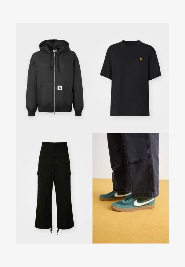 Melns kapuci jaka ar rāvējslēdzēju priekšpuses, ribotām piedurknēm un apakšējo daļu, kā arī kvadrātveida logo uzlīmi apakšējā priekšpusē. Izgatavota no viegla, gluda auduma.; Melnas kokvilnas T-krekls ar brīvu piegriezumu. Iezīmē apaļu kakla un īsām piedurknēm. Iekļauts neliels zelta izšūts logo krūšu daļā.; Melnas kokvilnas cargos bikses ar platām kājām, sānu kabatām un ar auklām regulējamām apakšmalām. Dizains ietver pogu aizdari jostasvietā.; Zaļi sporta apavi ar baltu S swoosh, ar platu gumijas zoli un gludu ādas augšdaļu. Saskaņoti ar tumšiem biksēm pret dzelteno fonu.