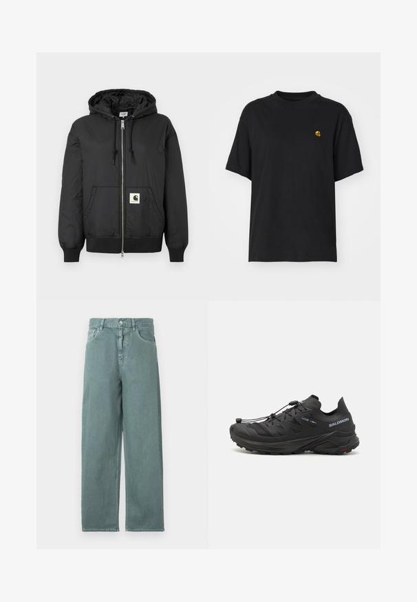 Črna kapučna jakna z zadrgo spredaj, rebrastimi manšetami in robom ter kvadratno logotipno nalepko na spodnjem sprednjem delu. Izdelana iz lahkega, gladkega materiala.; Črna bombažna majica s sproščenim krojem. Ima okroglo ovratnik in kratke rokave. Vključuje majhen zlat vezen logotip na prsih.; Svetlozeleni široki traper hlače s gumbnim zapiranjem, štirimi žepi in subtilnimi šivnimi podrobnostmi, s gladko bombažno teksturo.; Črne trail tekaške copate z teksturirano zgornjim delom, mrežnimi paneli in varnim sistemom zapenjanja. Imajo robusten podplat za oprijem.