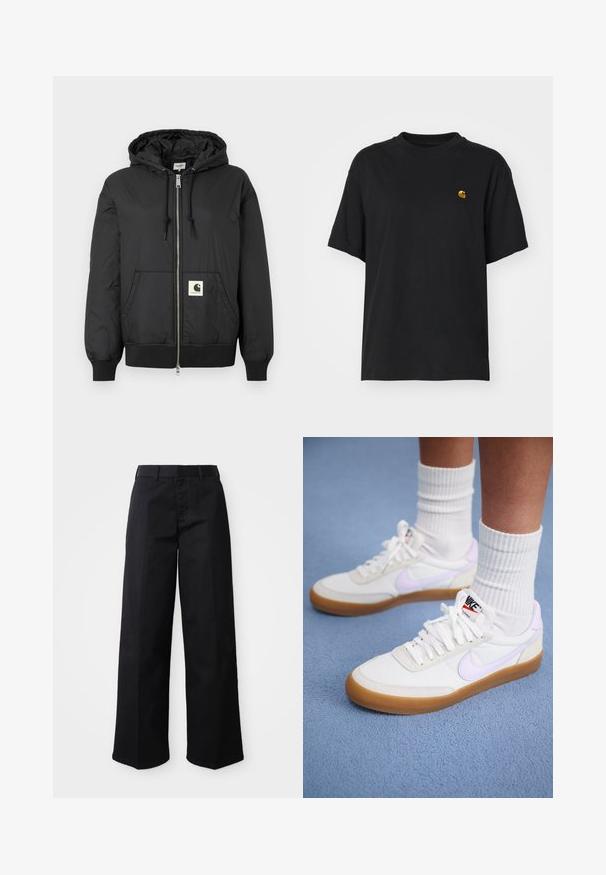 Jachetă neagră cu glugă, cu fermoar frontal, manșete și tiv ribbate și un patch pătrat cu logo în partea inferioară din față. Fabricată dintr-un material ușor și neted.; Tricou din bumbac negru, cu o croială lejeră. Are guler rotund și mâneci scurte. Include un mic logo brodat auriu pe piept.; Pantaloni negri cu croi larg, confecționați dintr-un material moale de bumbac. Prezintă o talie clasică, buzunare laterale și o croială dreaptă până la tiv.; Adidași albi din pânză cu un swoosh Nike violet deschis, talpă din cauciuc și șireturi plate. Purtați cu ciorapi albi cu dungi, pe un fundal albastru.