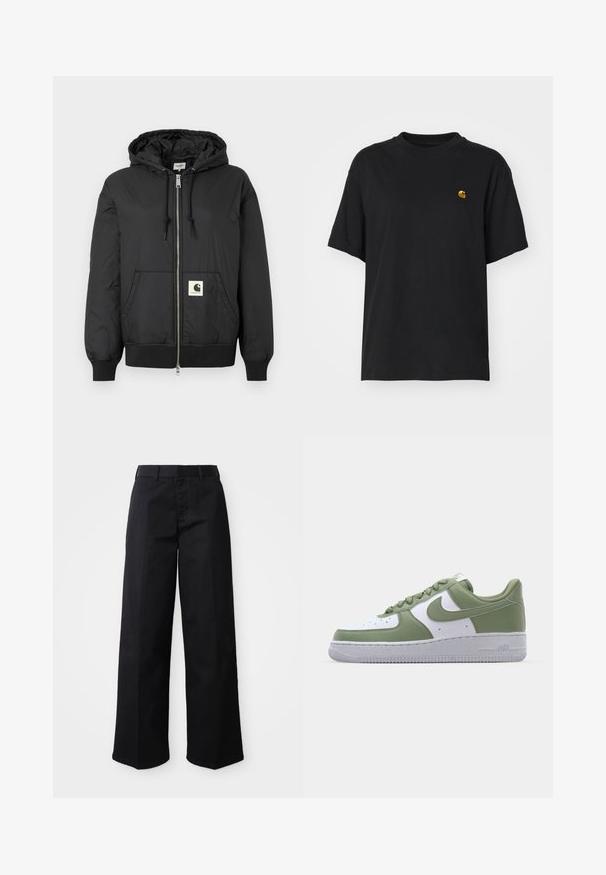 Fekete, kapucnis dzseki, elöl cipzárral, bordázott mandzsettákkal és hempergő aljjal, az alsó elején egy négyzet alakú logóval. Könnyű, sima anyagból készült.; Fekete pamut póló laza szabással. Kerek nyakkal és rövid ujjakkal rendelkezik. A mellkason egy kis arany hímzett logó található.; Fekete, bő szárú nadrág puha pamut anyagból. Klasszikus derékrésszel, oldalsó zsebekkel és egyenes szabással a szegélyig.; Zöld és fehér bőrből készült Nike Air Force 1 sportcipők. Alacsony felsőrész, kerek orr, textúrázott gumitalp és kiemelkedő swoosh logó részlet.